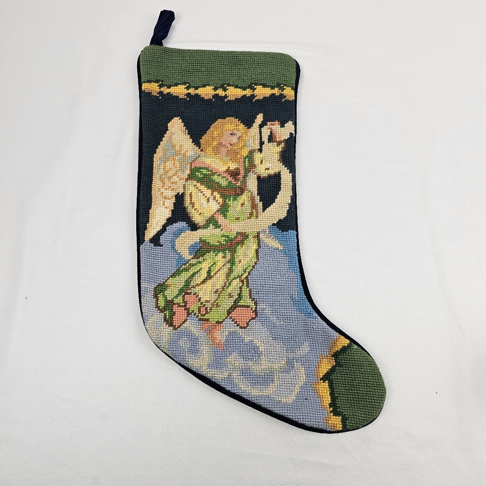 Needlepoint Christmas Stocking Angel Velour Holiday Decoration